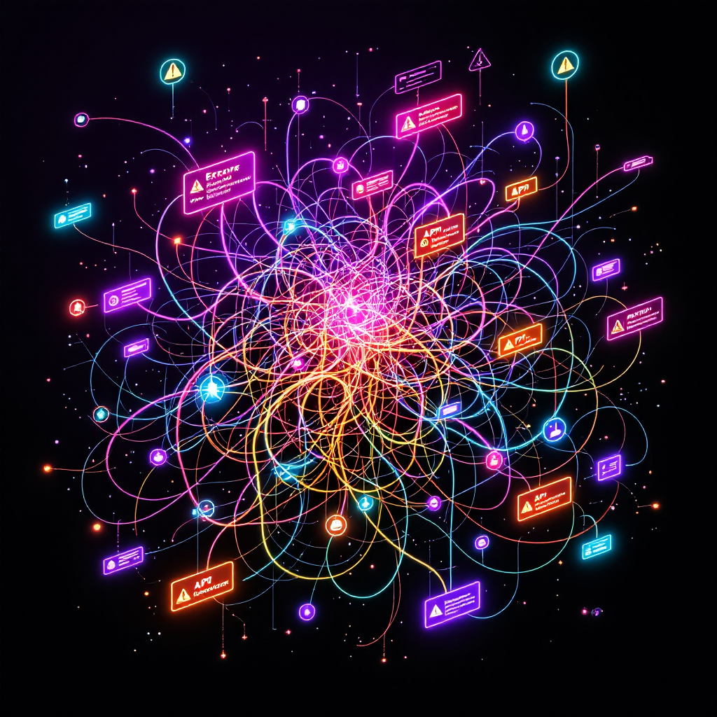 A messy diagram showing the complexity of microservices architecture with many interconnected services, arrows going everywhere, and multiple dependency layers